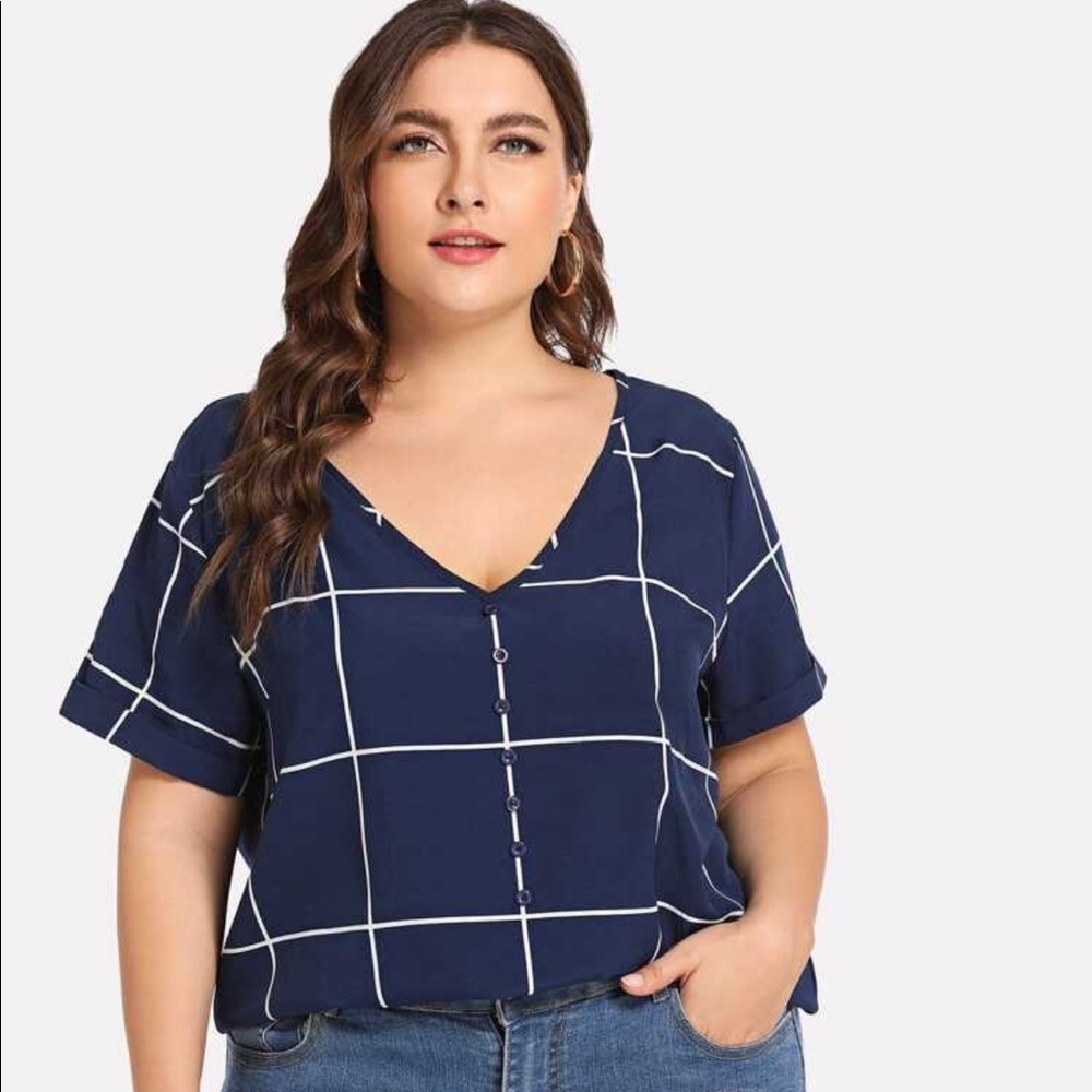 Shein Plus Button Detail Grid Print Navy Blouse